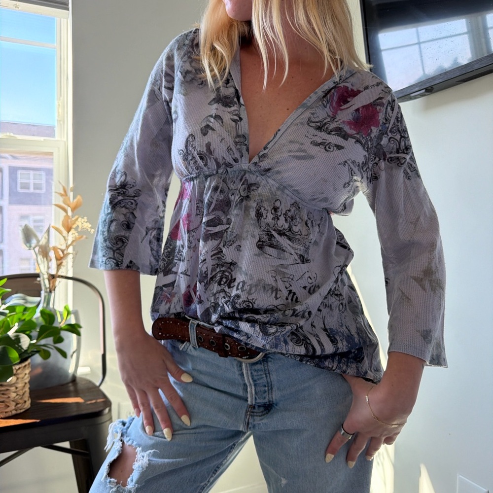 Vintage Floral Print V-Neck Long Sleeve Babydoll Blouse Top